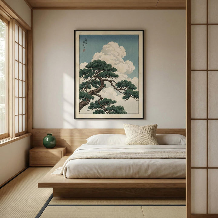Japanese Landscape Poster print of pine tree branch and clouds in a bedroom with bed and green vase