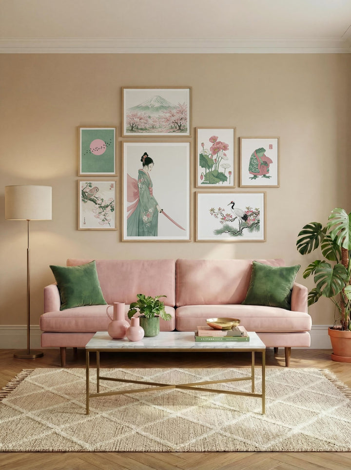 Japanese wall art set in Japanese-ink style above pink sofa with green cushions in living room
