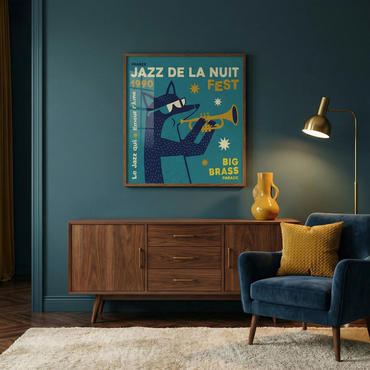 Jazz Festival Art Print with fox playing trumpet in blue and yellow above sideboard in lounge