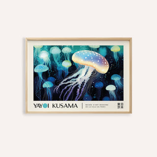 Framed Jellyfish wall art of a blue and beige spotted jellyfish with other jellyfish in the background