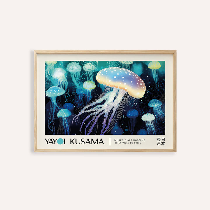 Framed Jellyfish wall art of a blue and beige spotted jellyfish with other jellyfish in the background