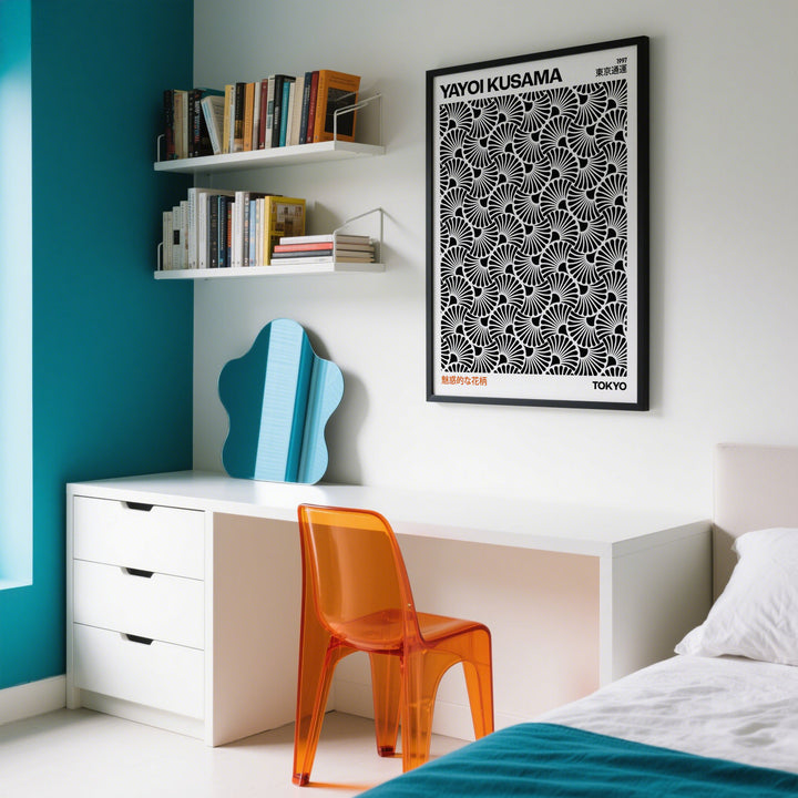 Hypnotic wall art with black and white abstract pattern above a desk in a bedroom
