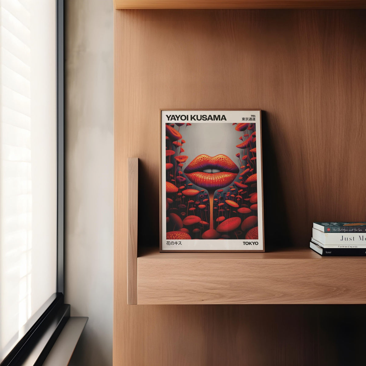 Strange wall art with lips mushroom and red abstract shapes leaning on a wooden shelf next to stacked books