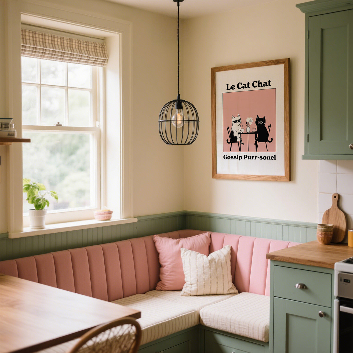 Print on a wall in a kitchen of two cats at table with black, white and pink colours above pink cushioned bench
