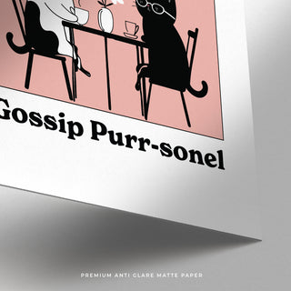 Detail close-up of funny cat artwork illustrating two cats at a table on soft pink background