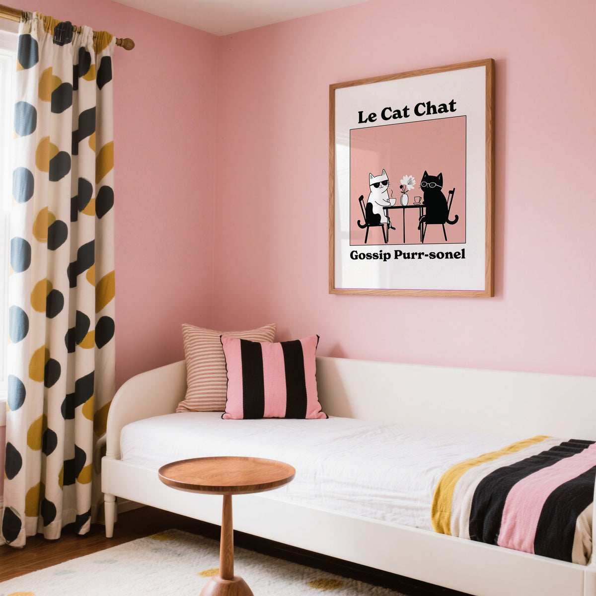 Funny Cat Artwork framed print of two cats at table with pink background in a pink bedroom above a white sofa