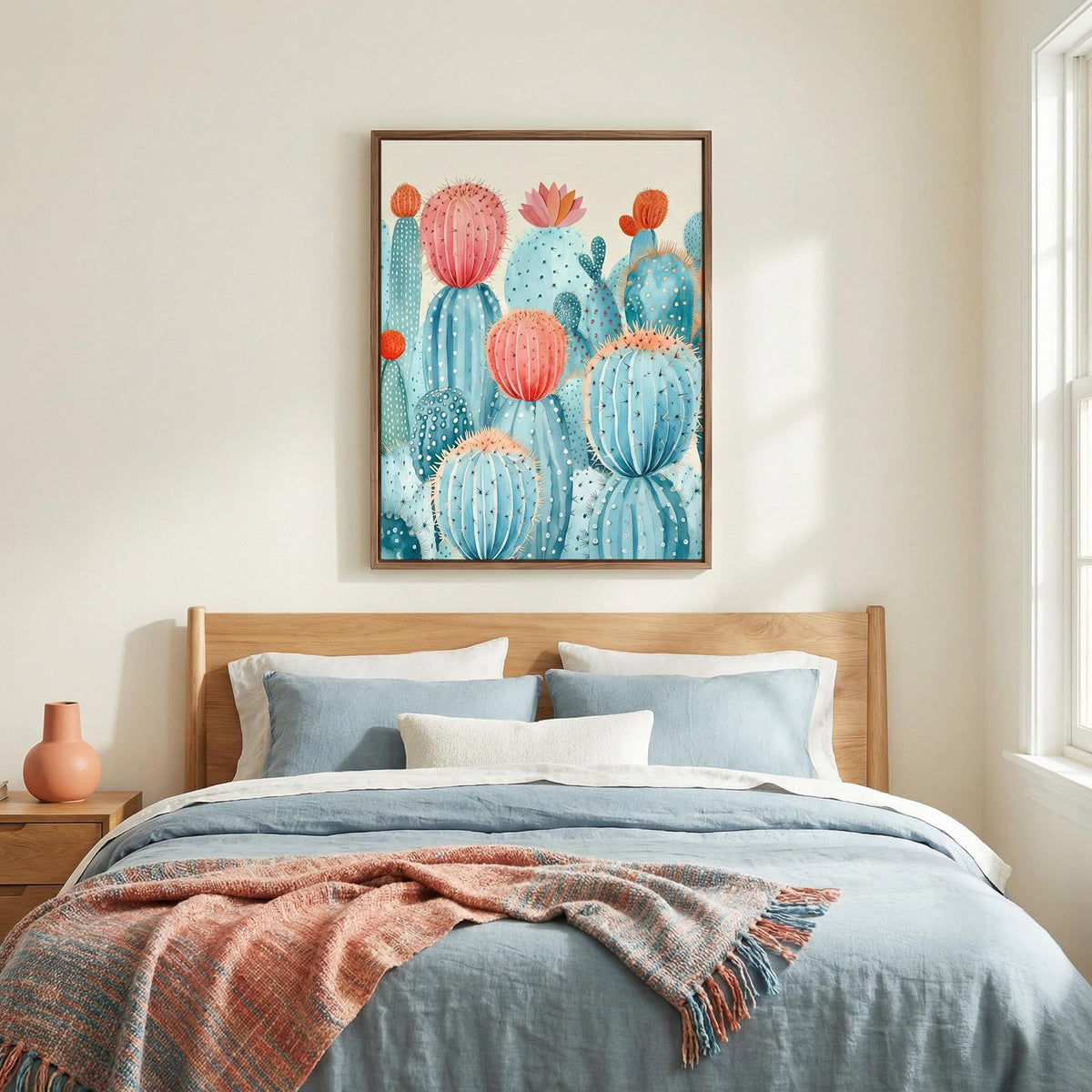 Colorful Cactus Print print on a wall in a bedroom above a wooden bed with cushions and bedding