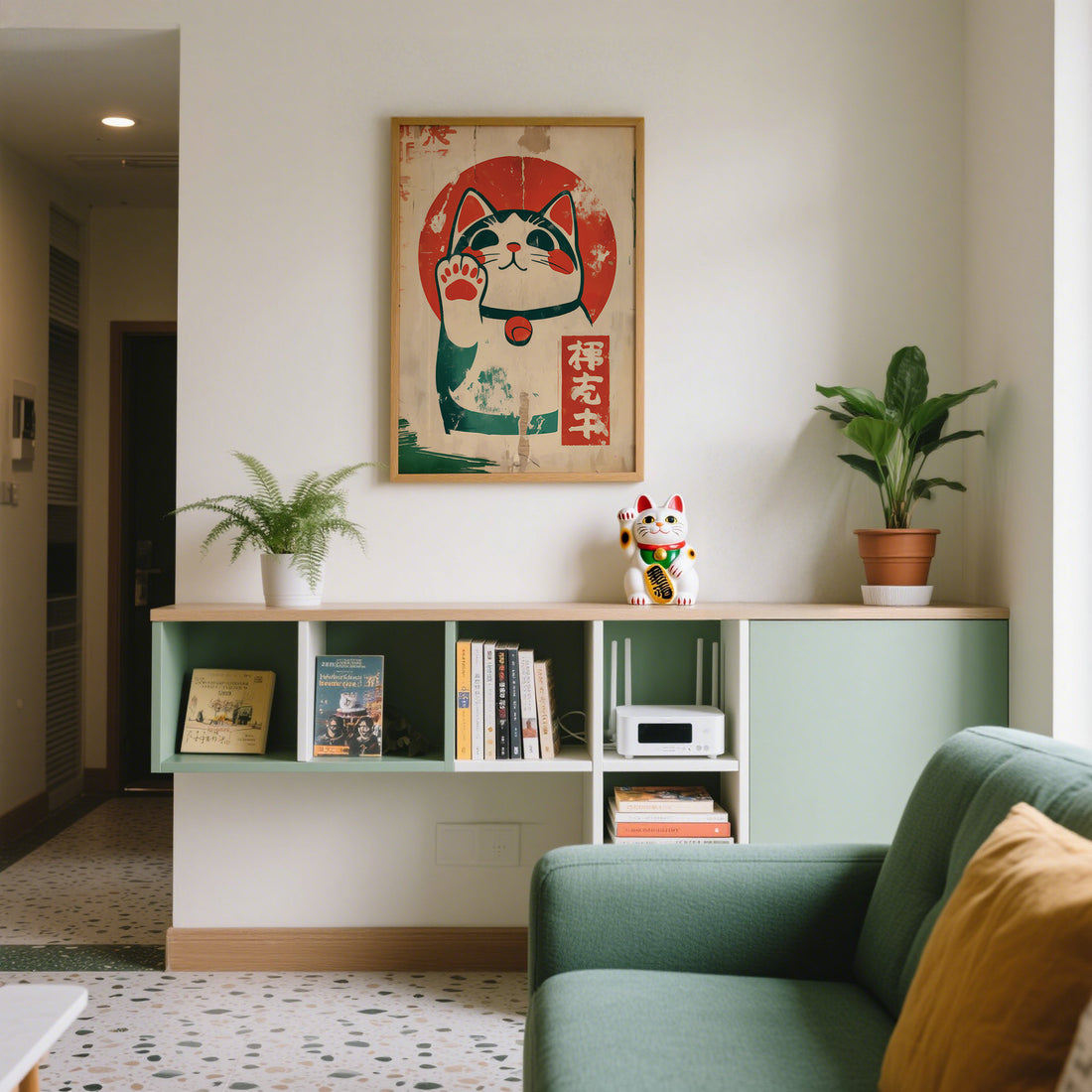 Japanese lucky cat print above a low green shelf with books, plants and a waving cat figure, next to a green armchair