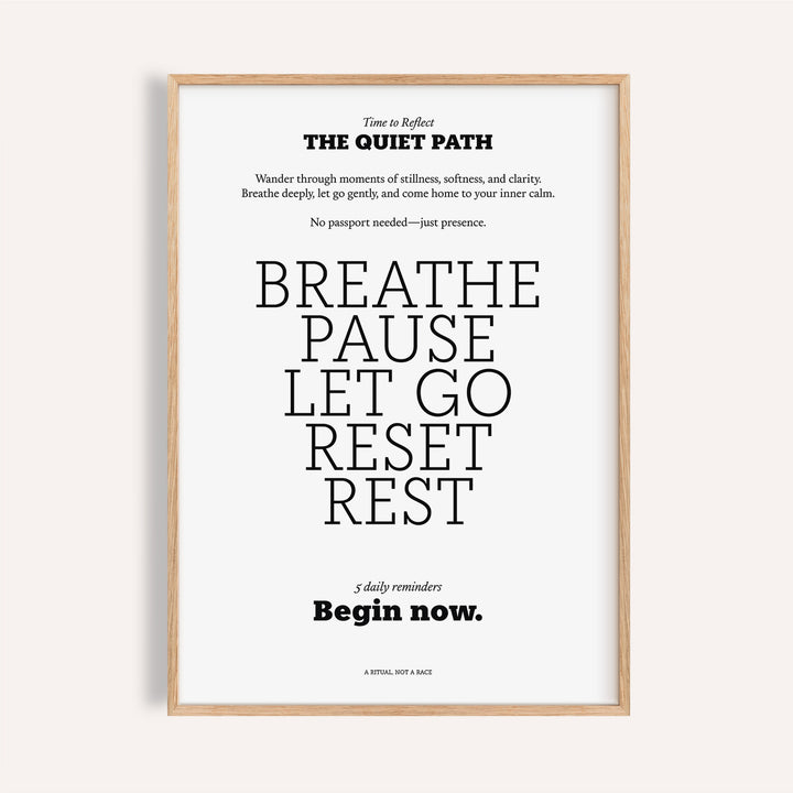 Meditation poster framed close-up showing a motivational quote in black and white minimalist style