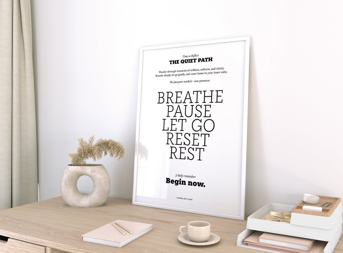 Meditation poster leaning on a desk with beige dried flowers and cup in a bright room