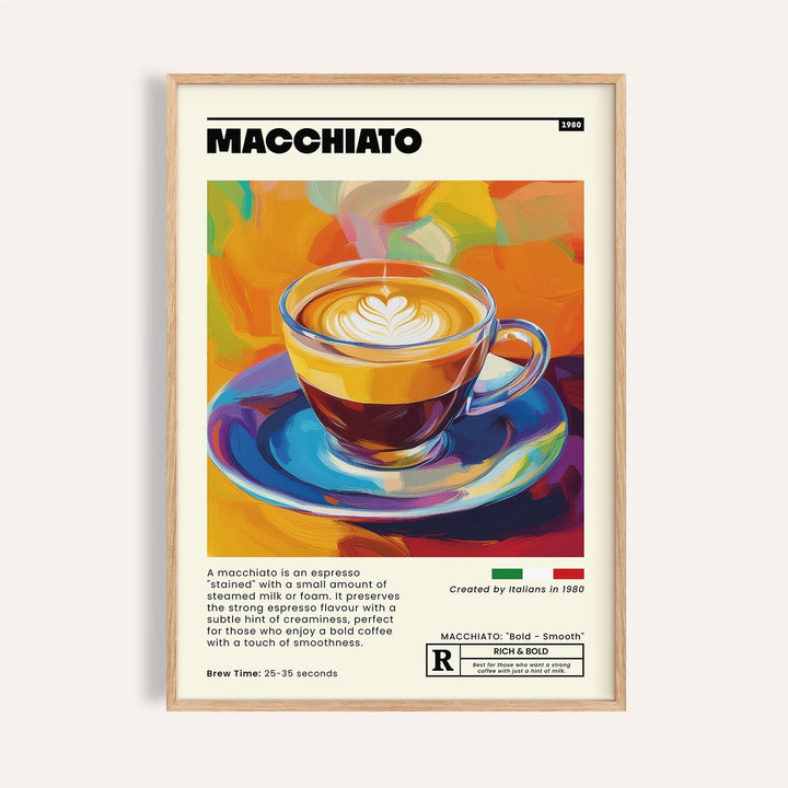 Coffee Poster showing a macchiato coffee cup illustration with warm vibrant colours
