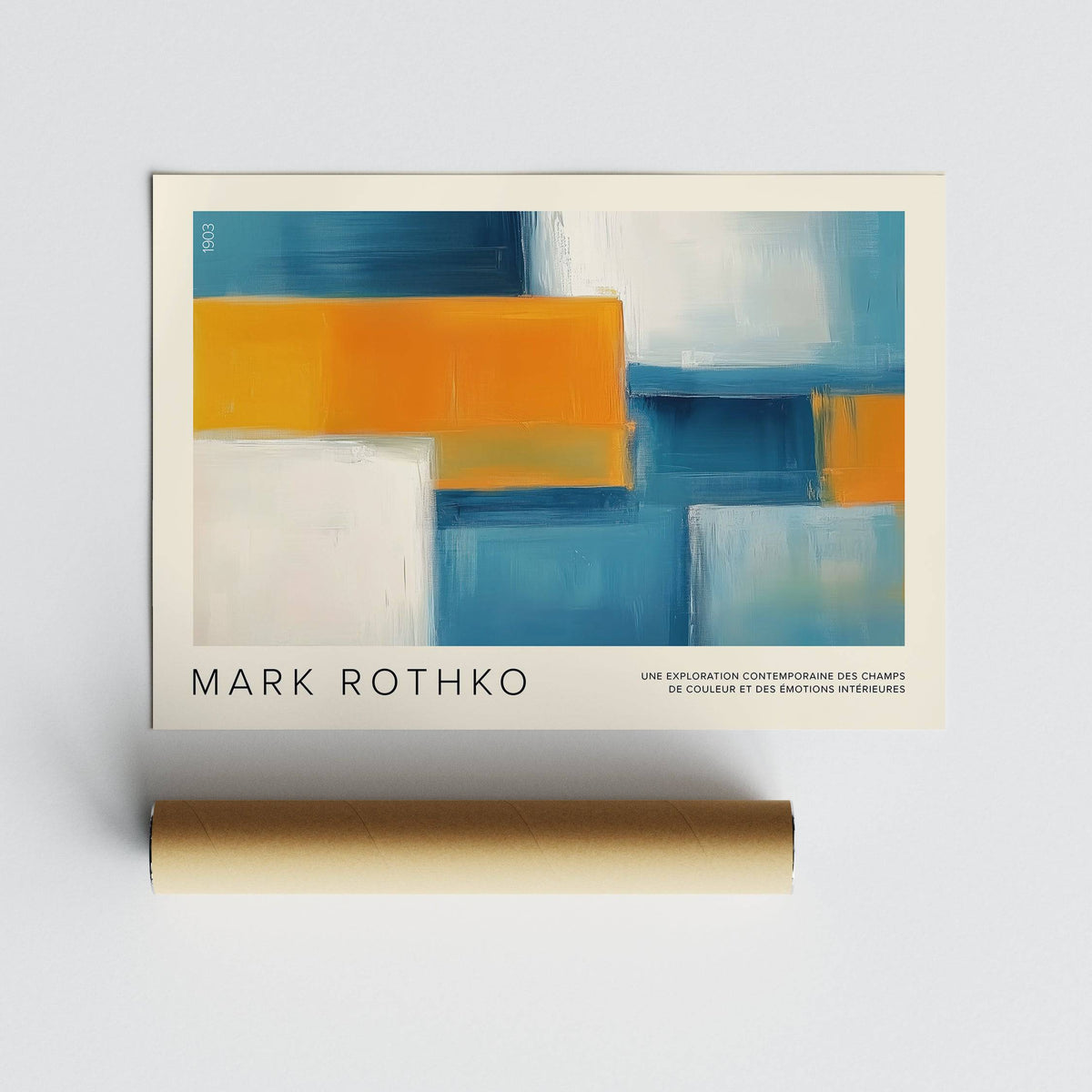 Wide Wall Art with abstract geometric blocks in yellow, white and blue on a white background with a packaging tube
