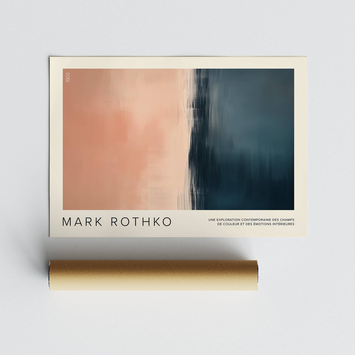 Color Block Wall Art laid flat with rolled packaging tube below showing abstract amber and navy blocks