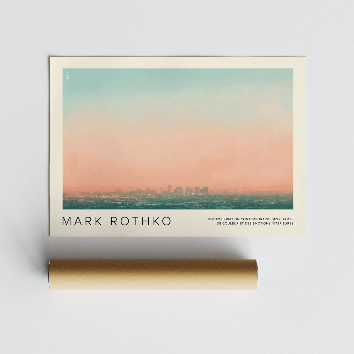 Skyline wall pictures showing a city skyline at sunset with soft pastel colours plus a packaging tube
