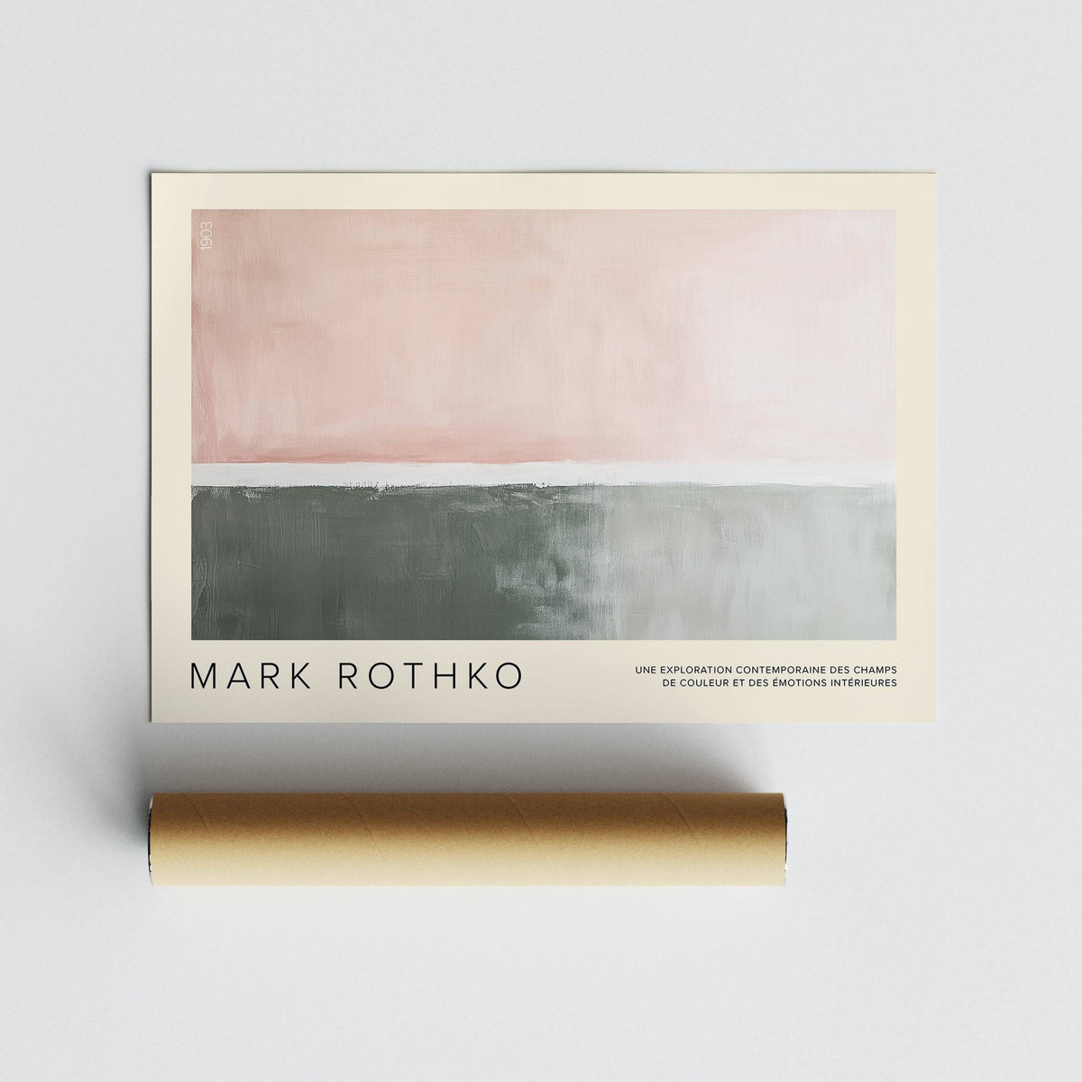 Horizontal wall decor with abstract blocks in pink and grey with packaging tube