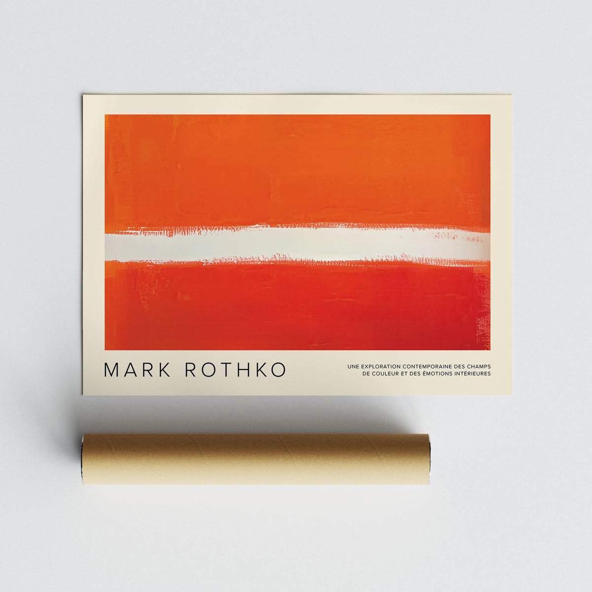 Orange Color Wall Art with orange and red horizontal abstract print and text below with packaging tube