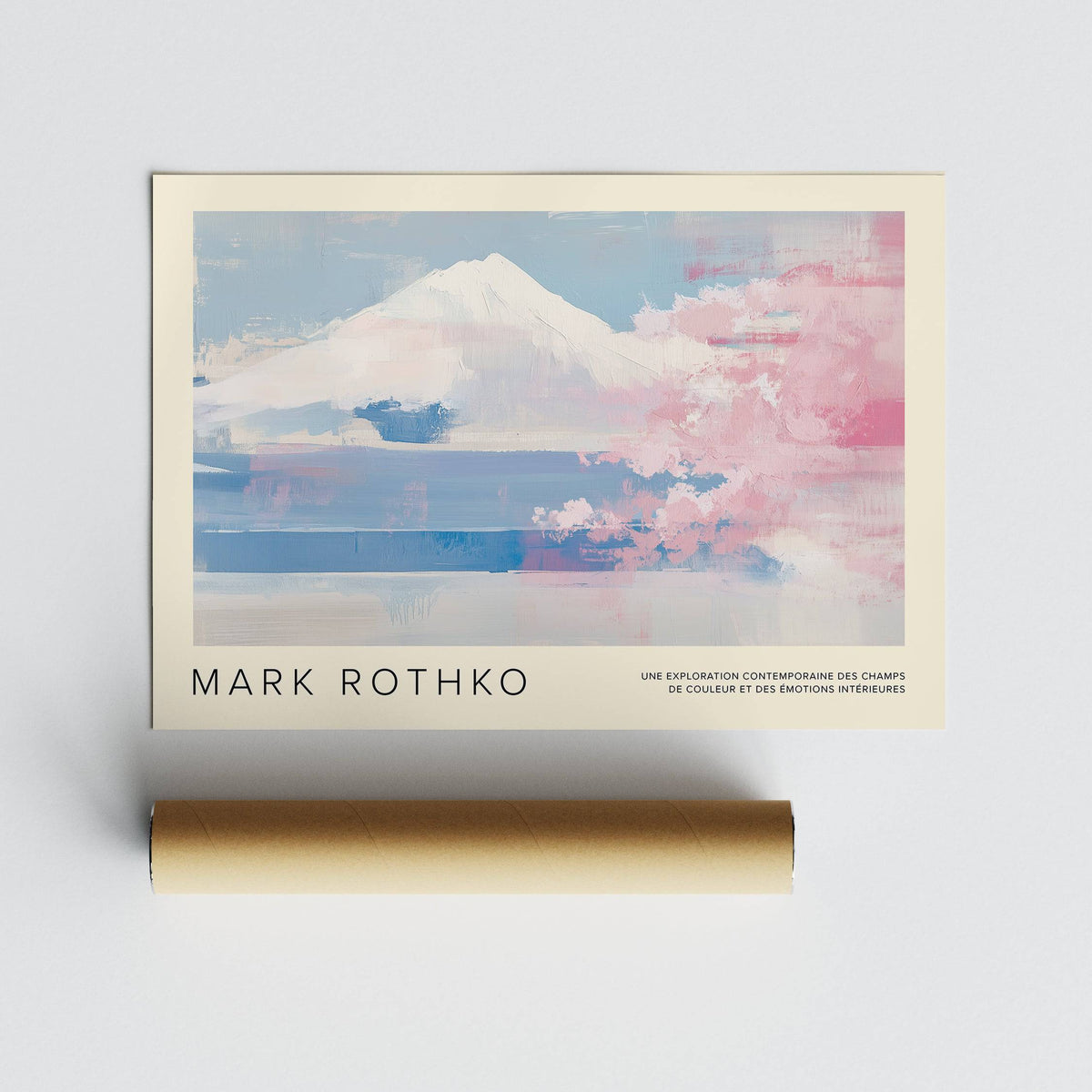 Mountain Landscape wall art with blue mountain and pink cherry blossom beside a brown packaging tube