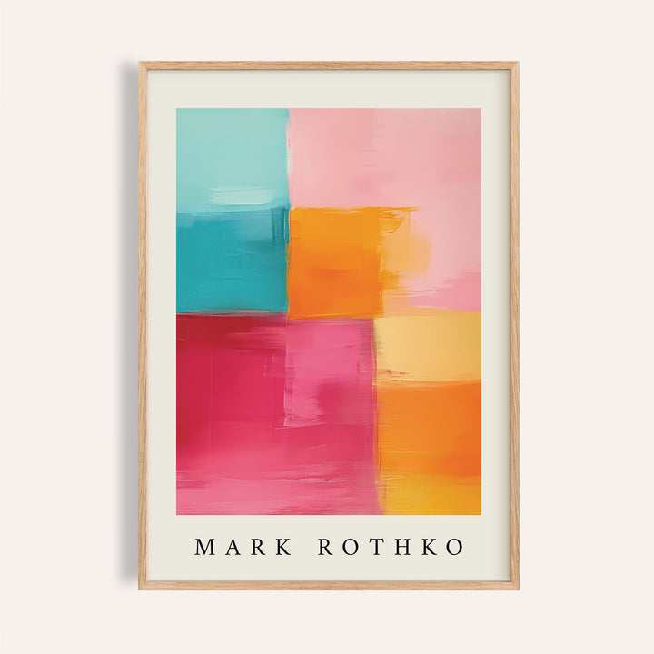 Framed Abstract Art with Pink showing bold colour blocks including turquoise orange and red with artist text