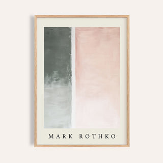 Art wall painting with abstract pastel blocks in soft pink and grey with artist name in wooden frame