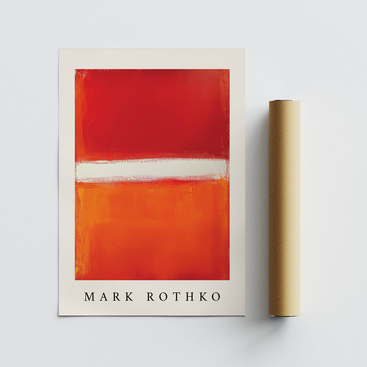 Orange Abstract Art print with red, orange colour blocks alongside a brown packaging tube