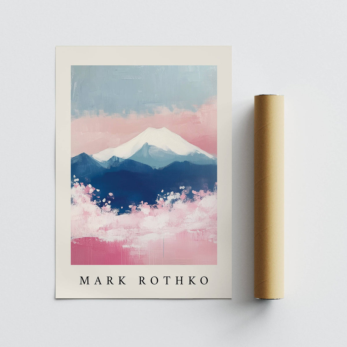Mount Fuji art showing an abstract snow-capped mountain with pink and blue watercolour beside a packaging tube