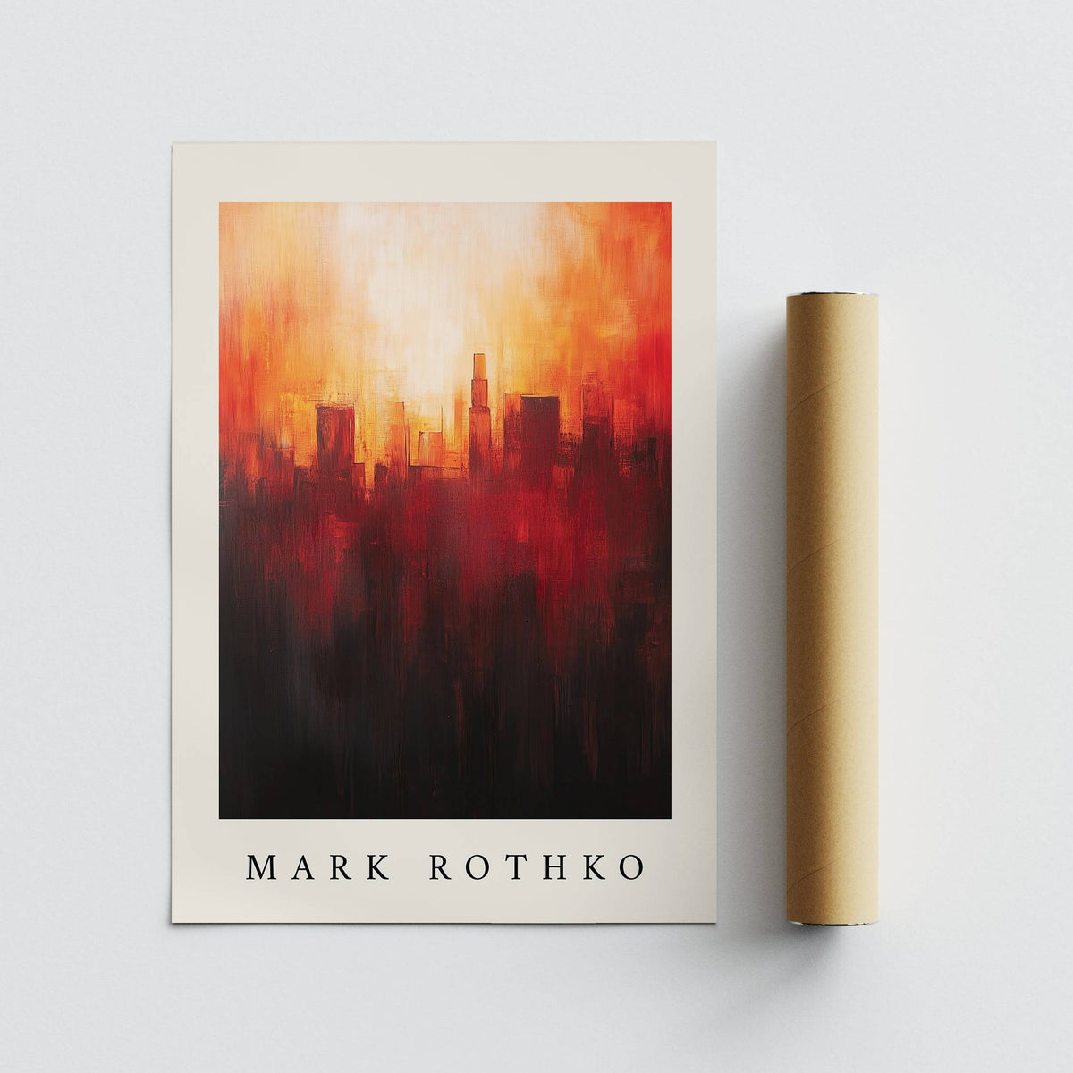 California wall art print showing an abstract city skyline in fiery orange and red tones with packaging tube