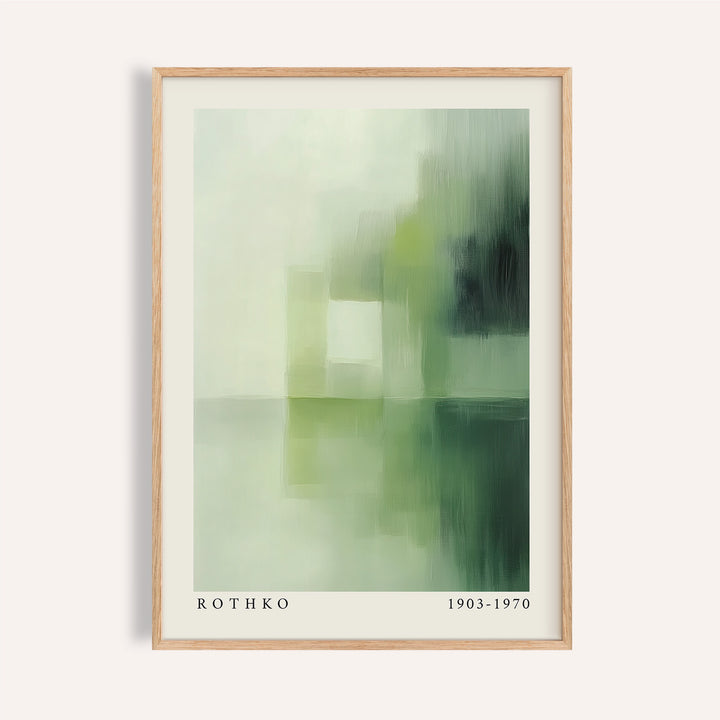 Framed print of olive green abstract shapes with a minimalist style and text below
