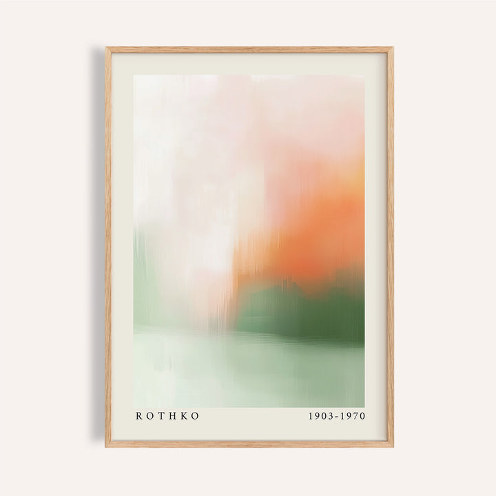 Framed Calming Wall Art with abstract peach and green colour fields and artist details