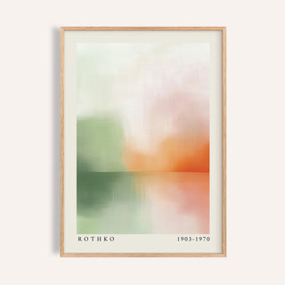 Peaceful wall art abstract sunset landscape in soft green and orange tones with artist name