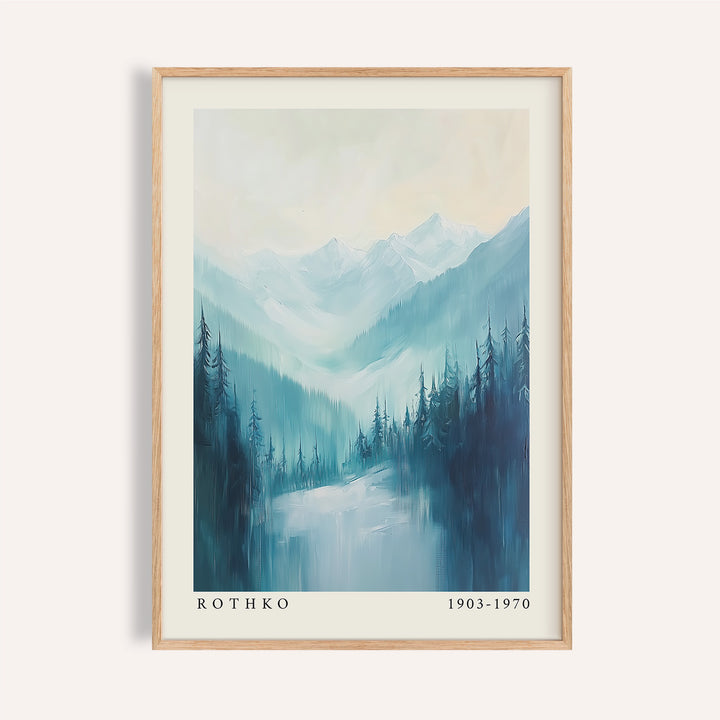 Nature print framed close-up of blue and grey pine trees with mountains and text below