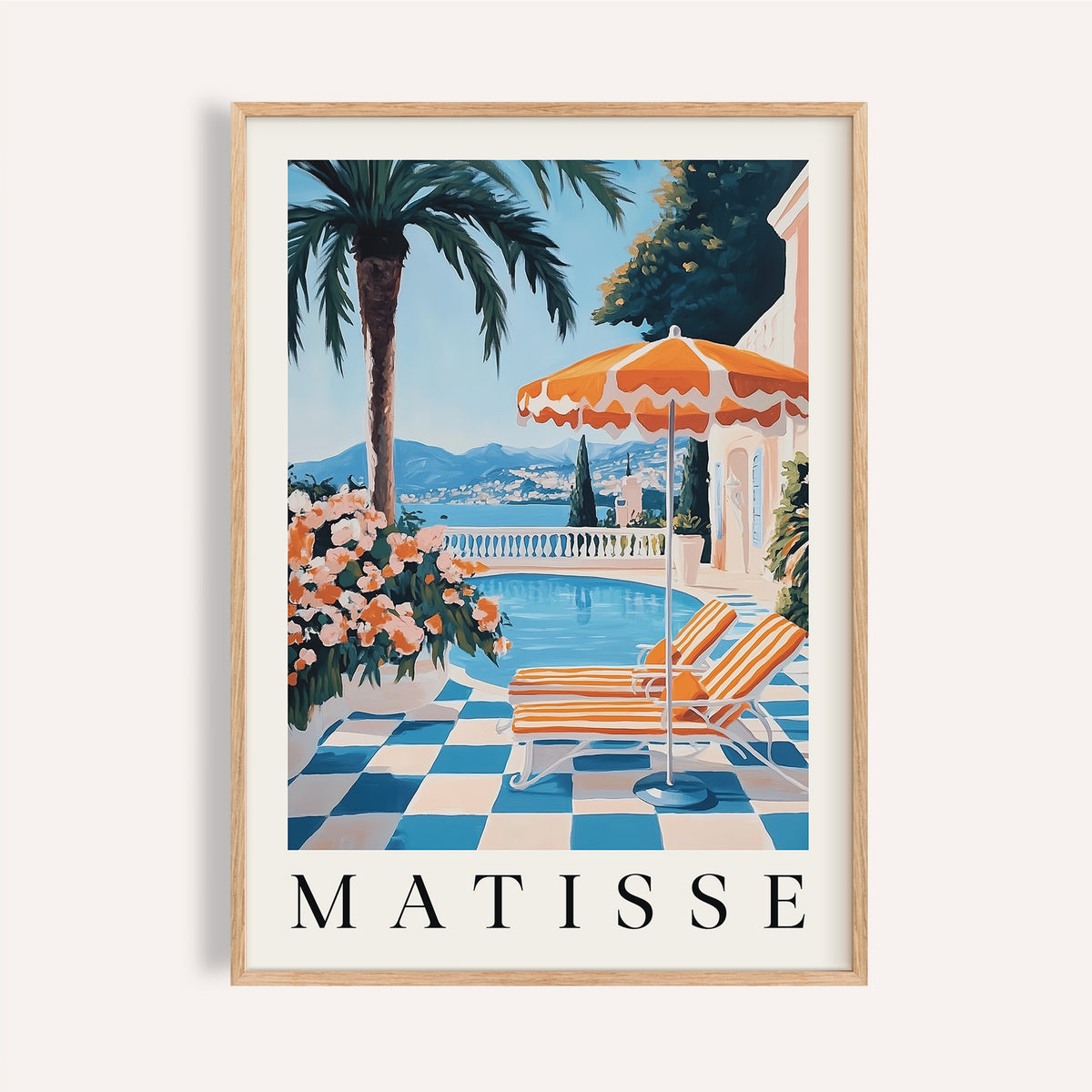 Amalfi Coast wall art print showing a terrace with pool and orange striped loungers with umbrella
