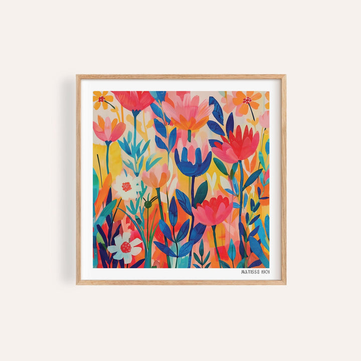 Framed print of Matisse Exhibition Poster with colourful floral illustration in pinks and blues