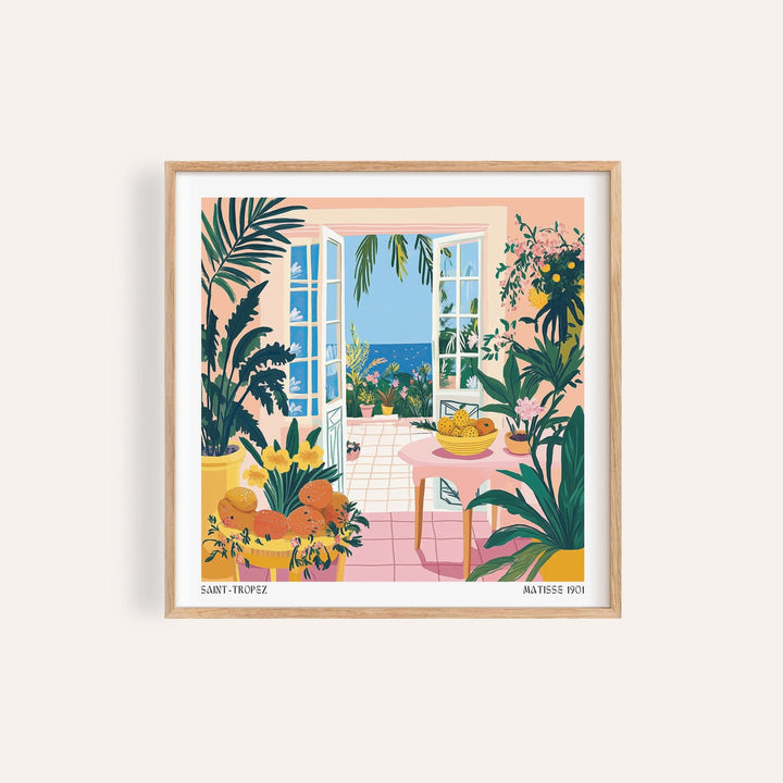 Framed Coastal wall art of open doors showing sea view with plants and fruit bowl