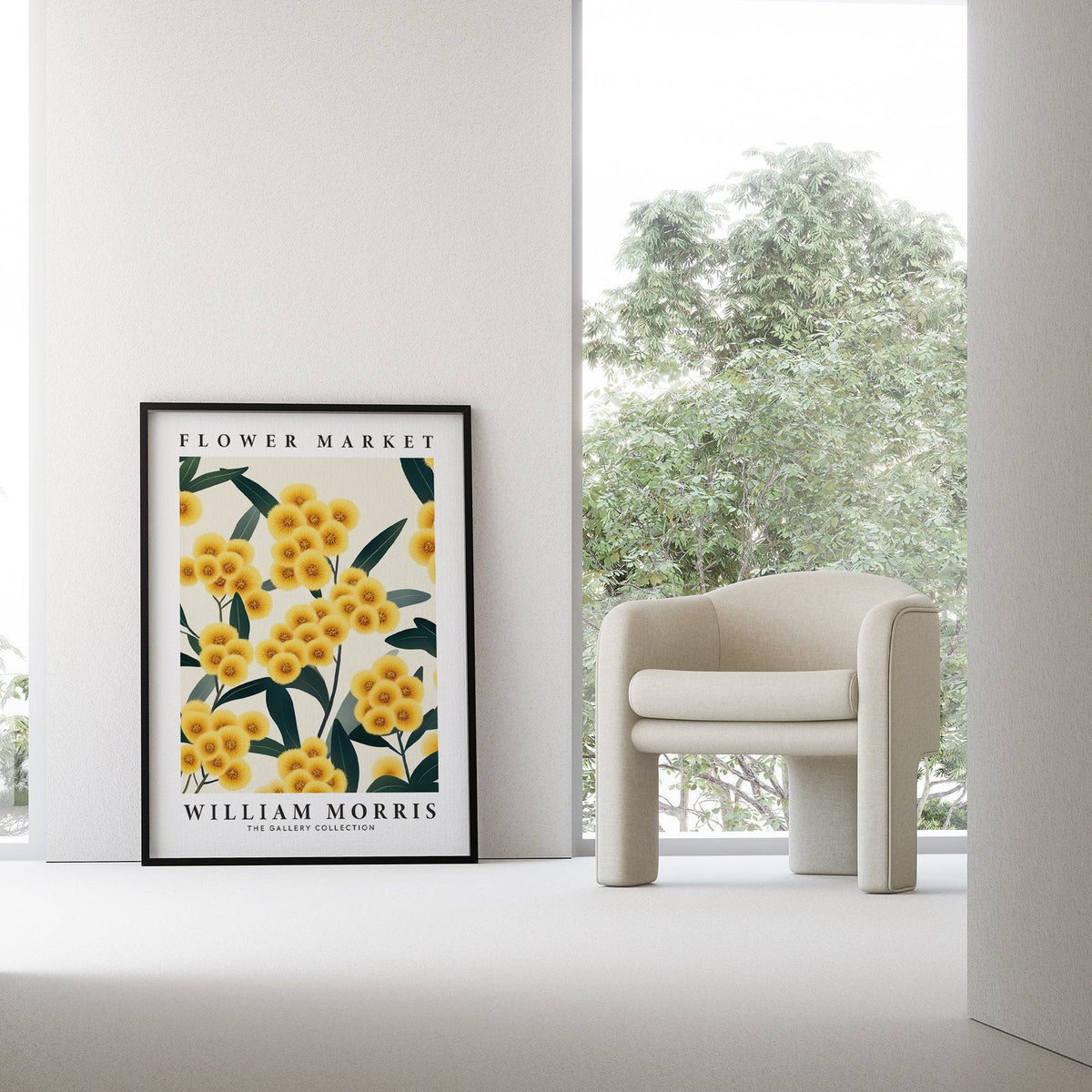 Yellow Flower wall art with yellow pompom flowers leaning on a wall near a cream armchair