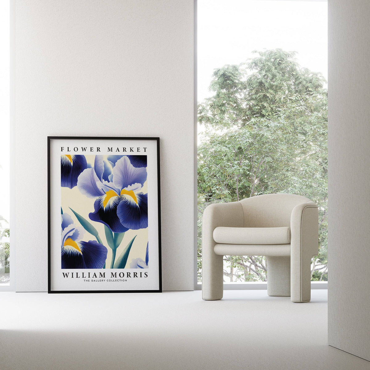 Purple flower wall art leaning on a wall next to a cream armchair with green foliage outside