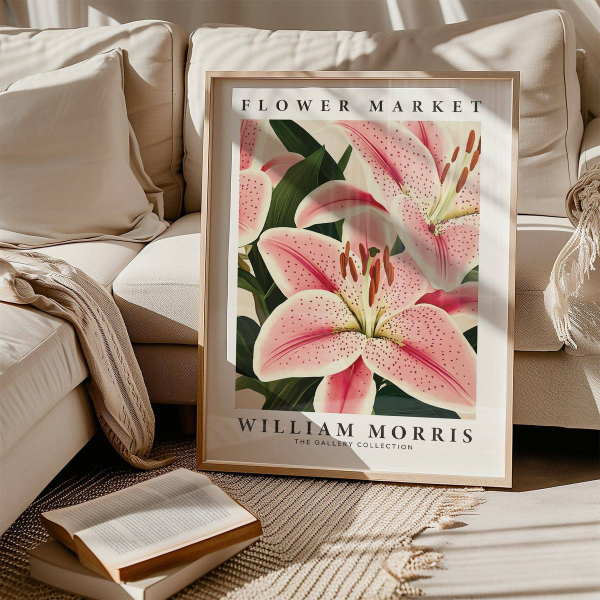 Decorative floral artwork in pink and green lily flower painting art