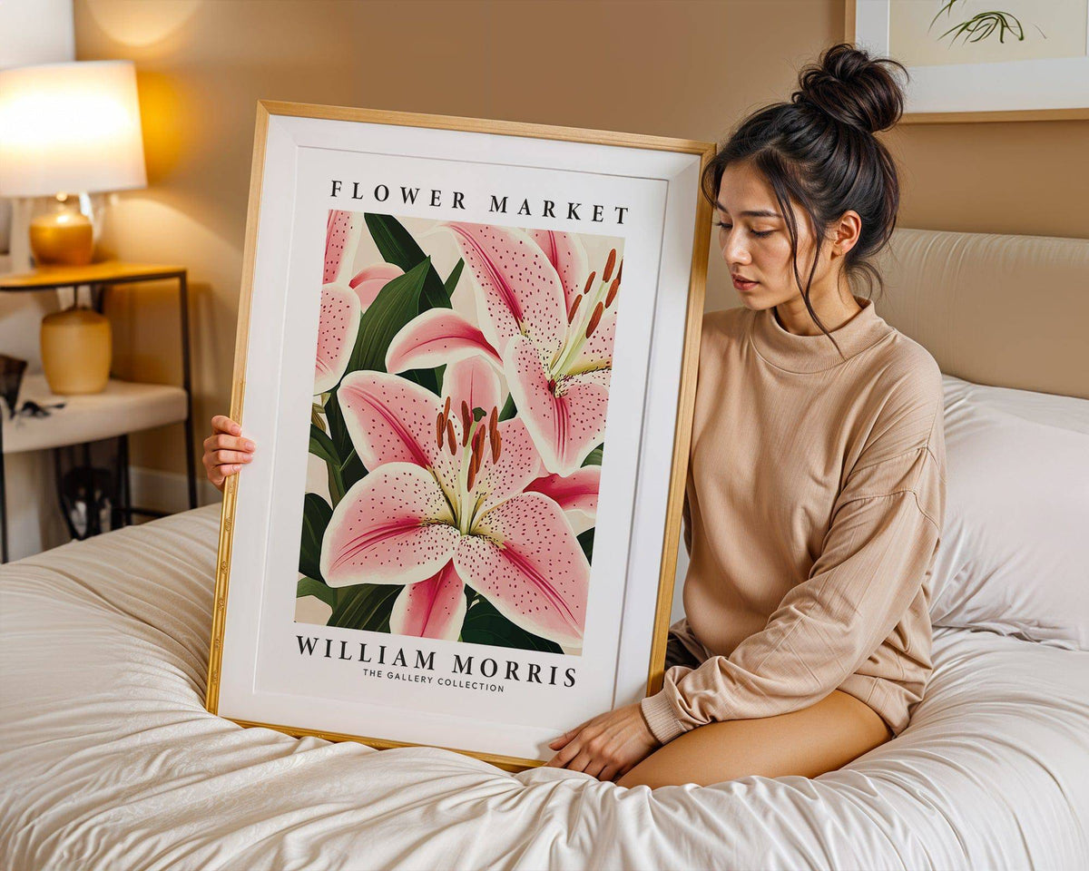 William Morris-style floral print featuring pink lily flower painting art