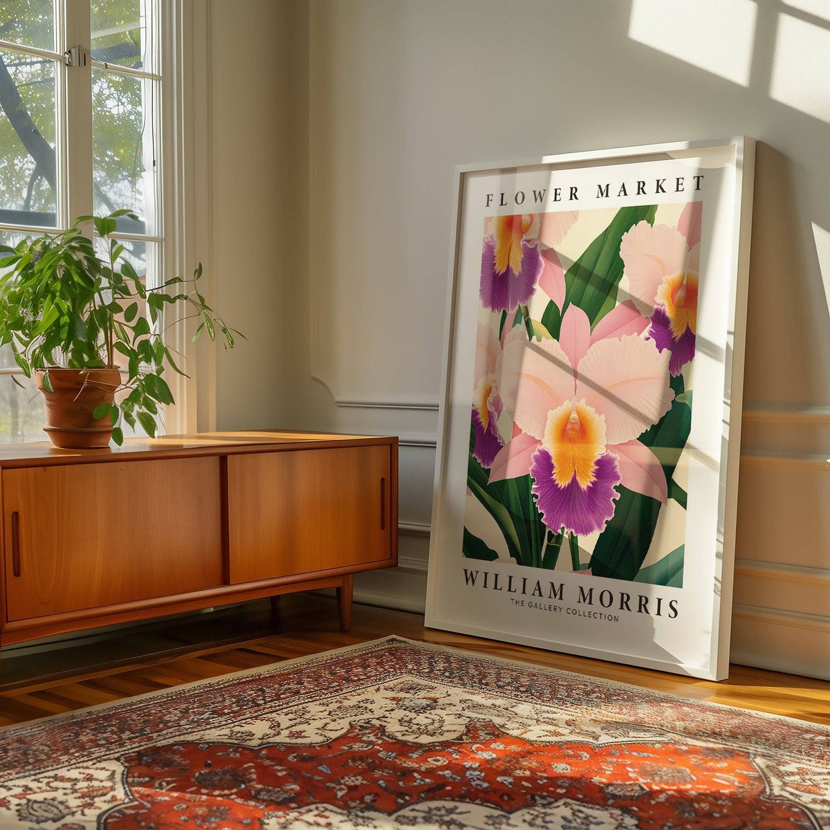 Wall Art Orchids print leaning on the floor near a mid century wooden sideboard with a potted plant