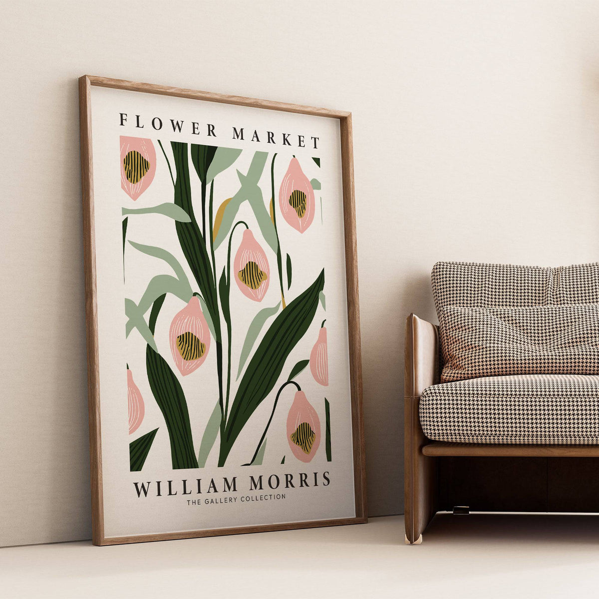 Paintings of Orchids leaning print with pink and green botanical illustration beside a patterned armchair