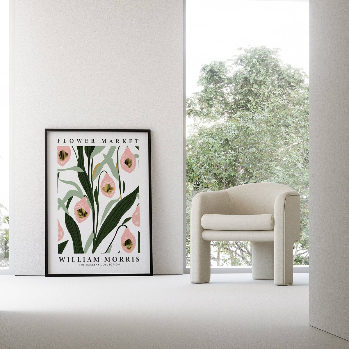 Print leaning on the floor of paintings of orchids with green leaves and pink flowers by a cream armchair