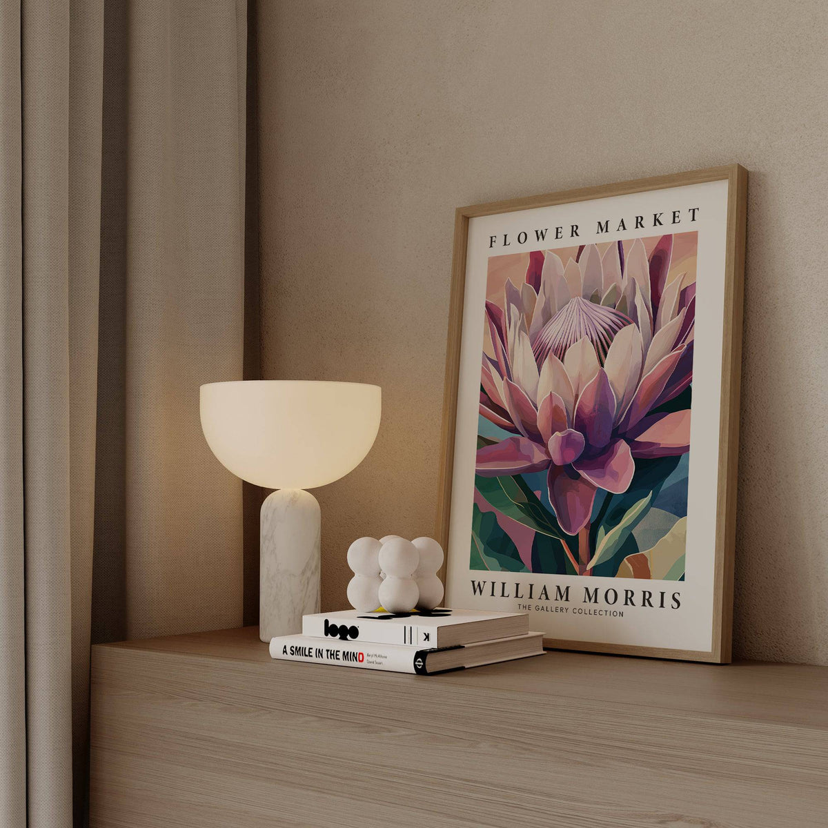 Flower wall art illustration of king protea in pink and green tones leaning on a shelf by a lamp
