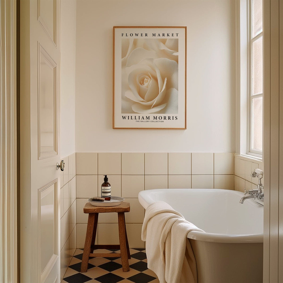 Floral wall art for living room showing cream rose close-up above wooden stool near bathtub