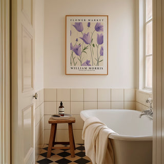 Wall Art Tulips print with purple flowers in a bathroom above a wooden stool