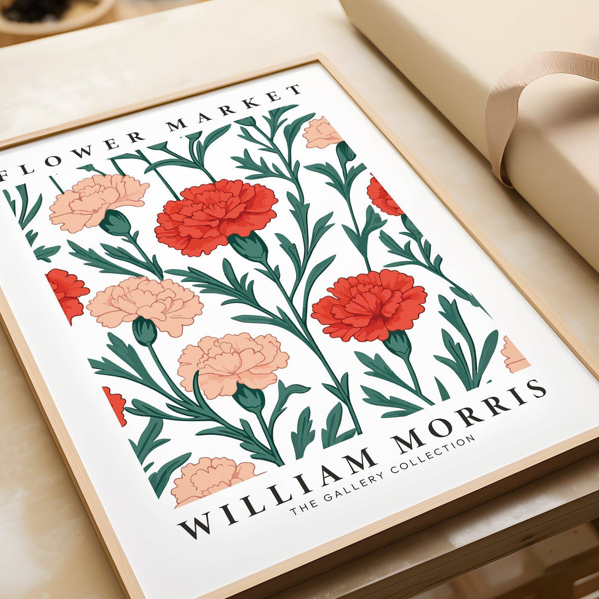 Framed Pictures for Living Room with vintage carnation blooms in red and pink on a light surface with wrapping paper