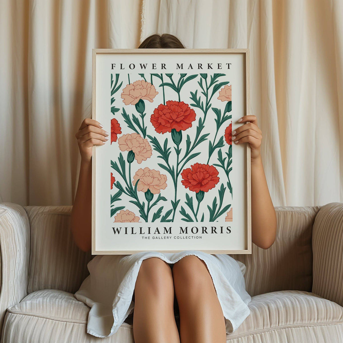 Framed Pictures for Living Room print of illustrated pink and red carnation flowers on a white sofa