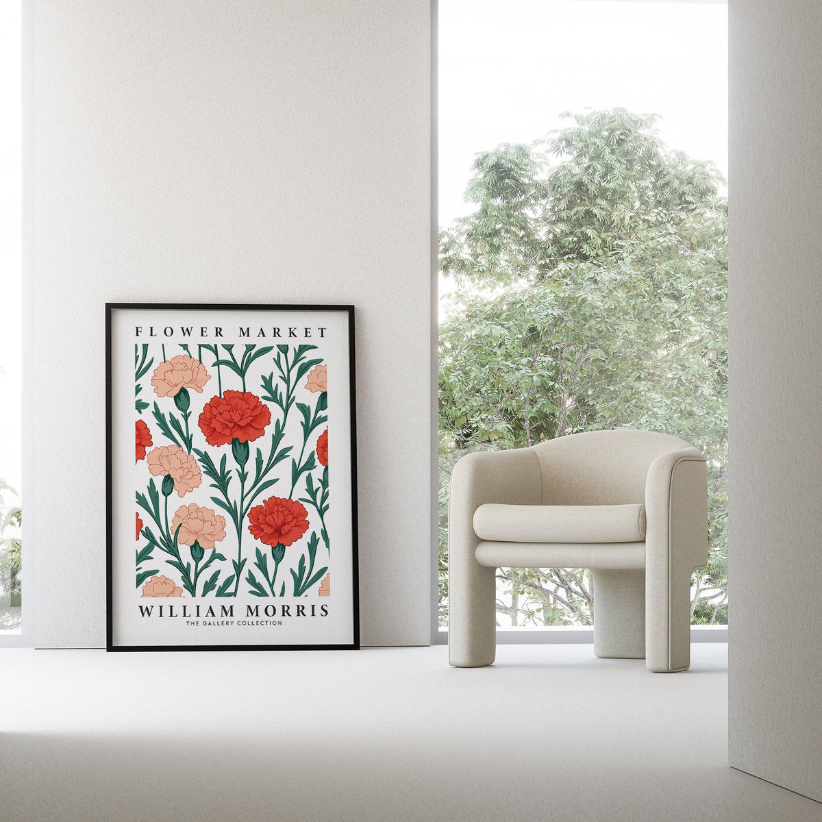 Pictures for Living Room print of vintage carnation flowers in red and pale pink leaning against a wall near a cream armchair