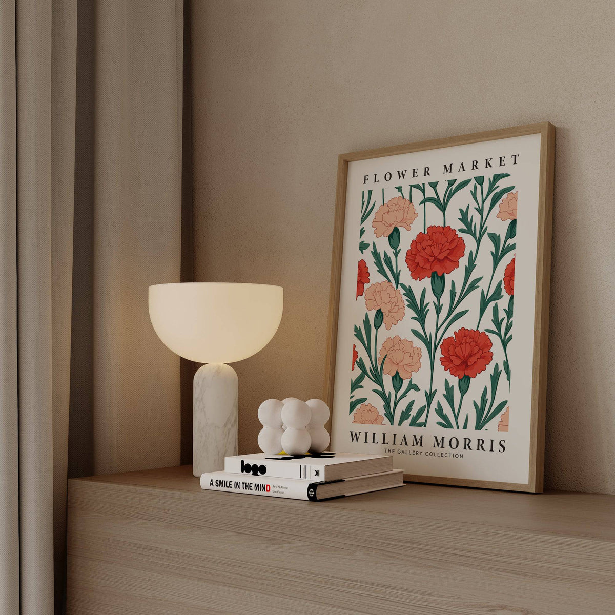 Pictures for Living Room with carnation flower illustration in soft red and pink leaning on wooden sideboard beside a modern white lamp