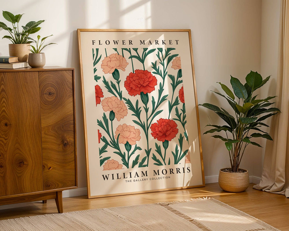 Print leaning on floor of carnation flower illustration with green leaves by a plant in a pot