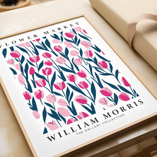 Framed Tulip Decor print close-up showing pink tulips with dark green leaves and text on cream surface