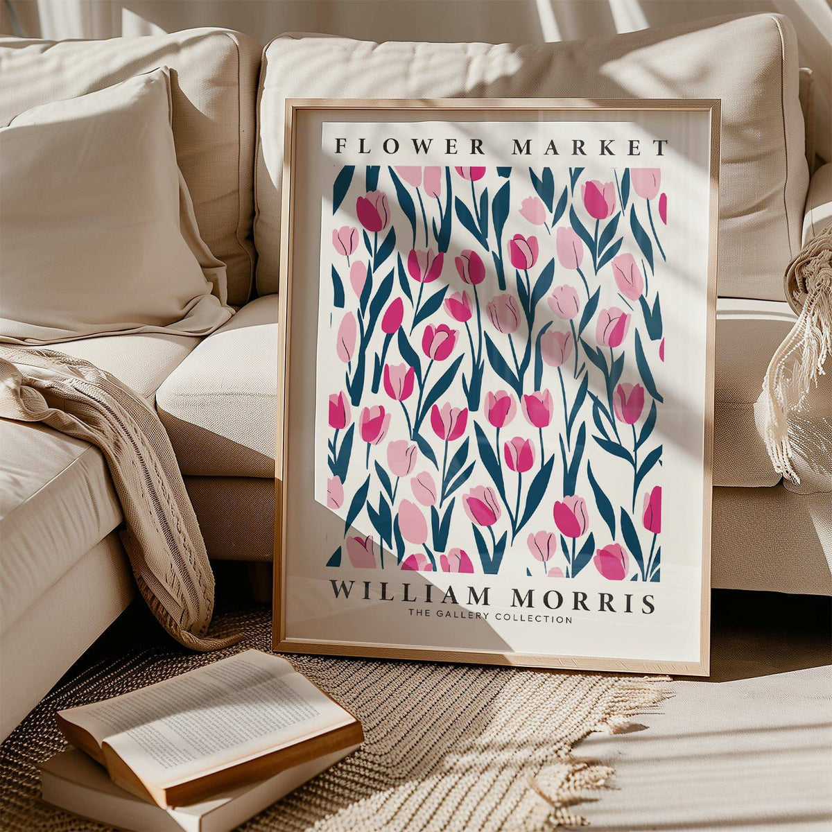 Tulip Decor print leaning on sofa with cream cushions and woven rug in natural light